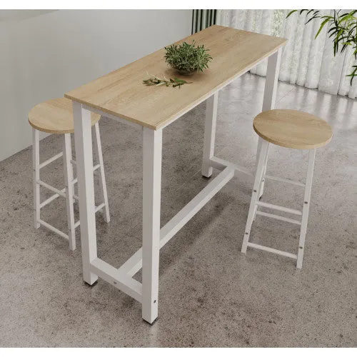 Table haute avec 2 tabourets blancs & chêne clair - 120 X 100 cm - Anivia