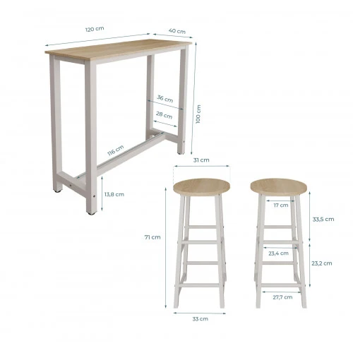 Table haute avec 2 tabourets blancs & chêne clair - 120 X 100 cm - Anivia