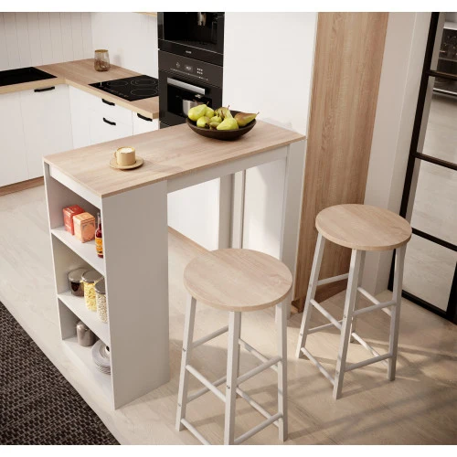 Table haute avec 2 tabourets blancs & chêne clair - 110 cm - Kala