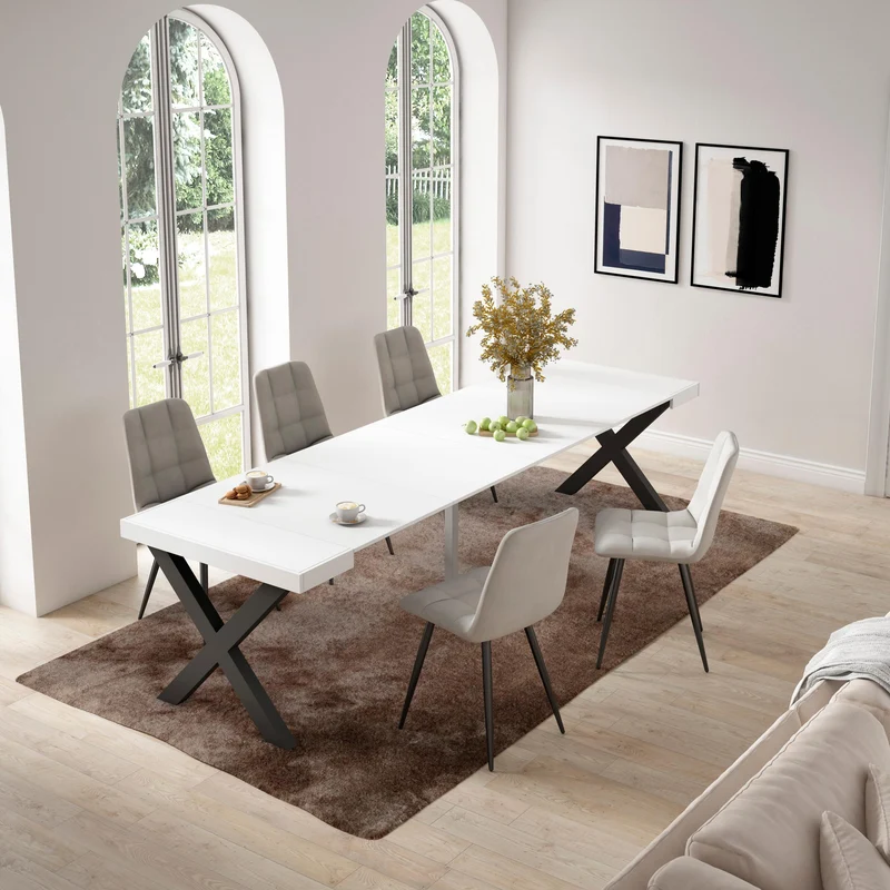 Table console extensible blanche 300 cm – Jusqu’à 14 personnes – Pieds en bois massif noirs en croix