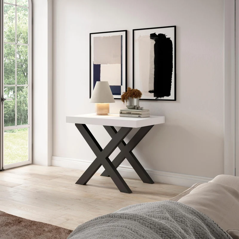 Table console extensible blanche 300 cm – Jusqu’à 14 personnes – Pieds en bois massif noirs en croix
