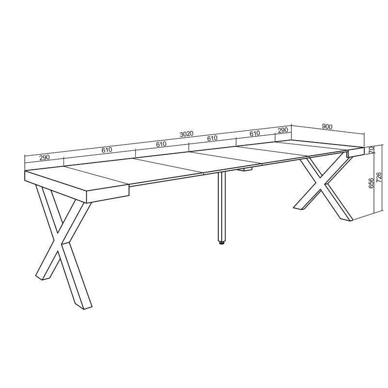 Table console extensible blanche 300 cm – Jusqu’à 14 personnes – Pieds en bois massif noirs en croix