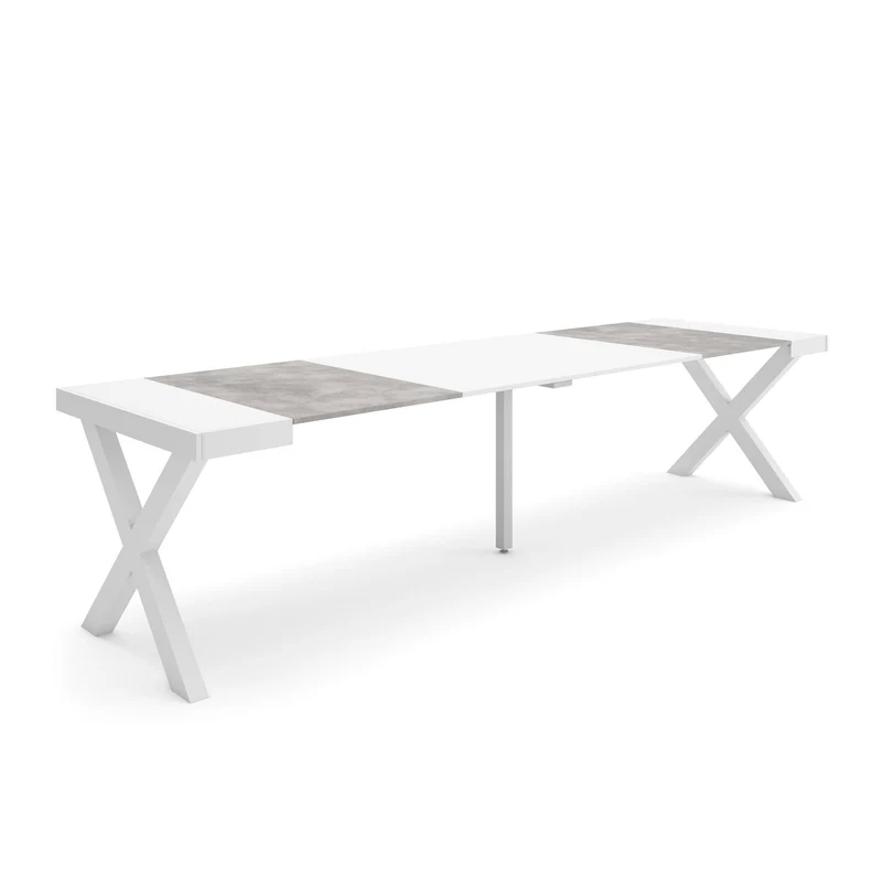 Table console extensible blanche & ciment 300 cm – Jusqu’à 14 personnes – Pieds en bois massif blancs en croix