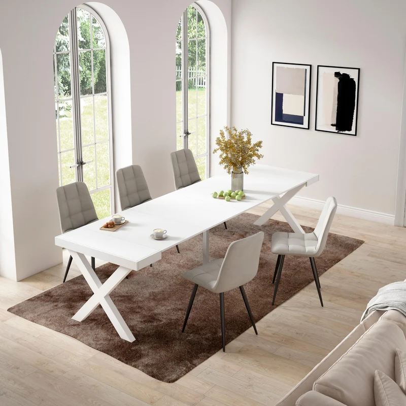 Table console extensible blanche 300 cm – Jusqu’à 14 personnes – Pieds en bois massif blancs en croix
