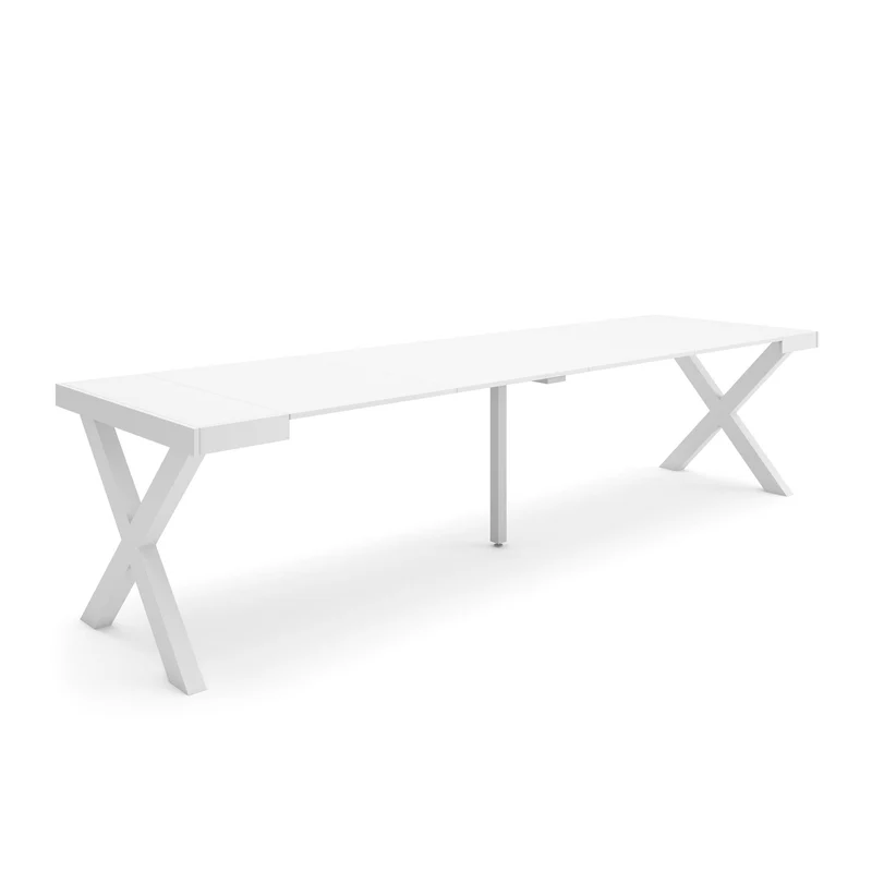 Table console extensible blanche 300 cm – Jusqu’à 14 personnes – Pieds en bois massif blancs en croix