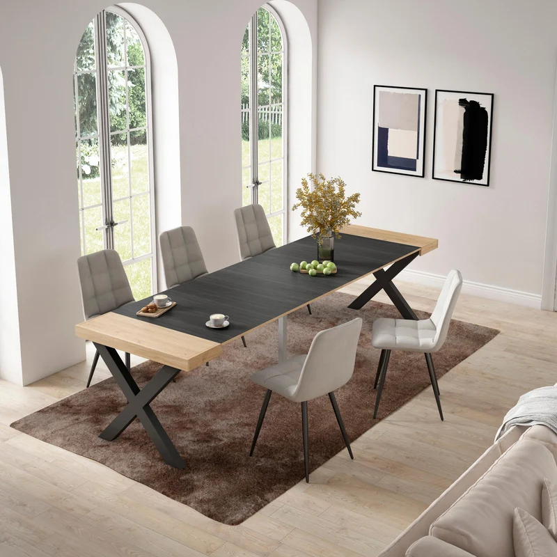 Table console extensible noire & chêne 300 cm – Jusqu’à 14 personnes – Pieds en bois massif noirs en croix