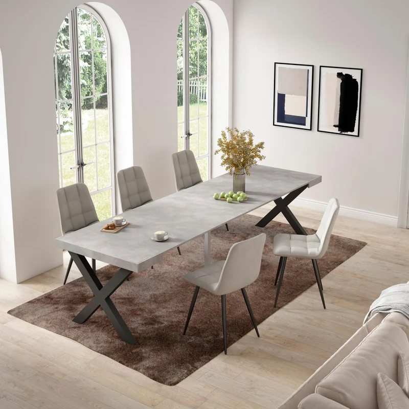 Table console extensible ciment 300 cm – Jusqu’à 14 personnes – Pieds en bois massif noirs en croix