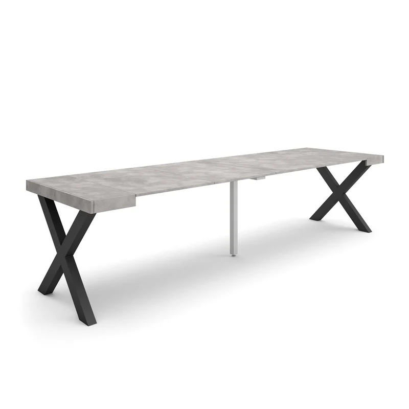 Table console extensible ciment 300 cm – Jusqu’à 14 personnes – Pieds en bois massif noirs en croix