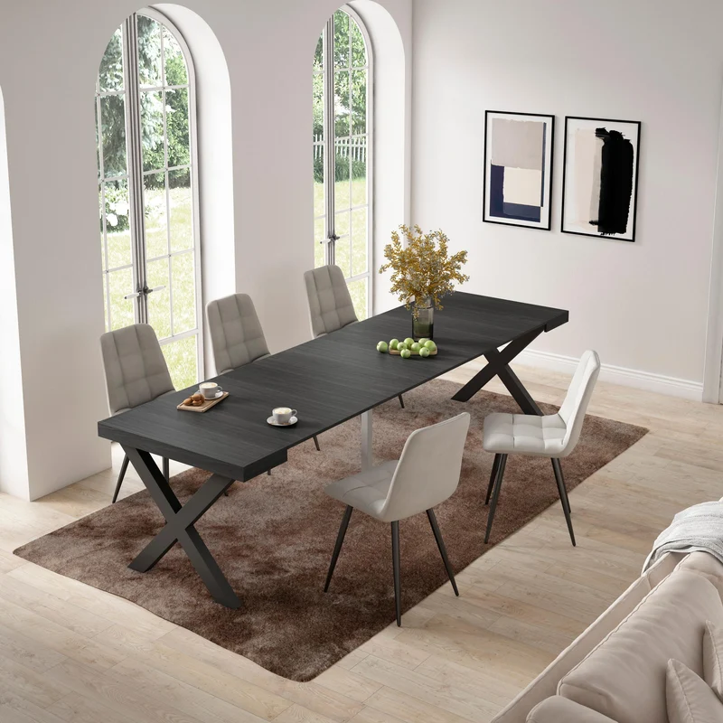 Table console extensible noire 300 cm – Jusqu’à 14 personnes – Pieds en bois massif noirs en croix