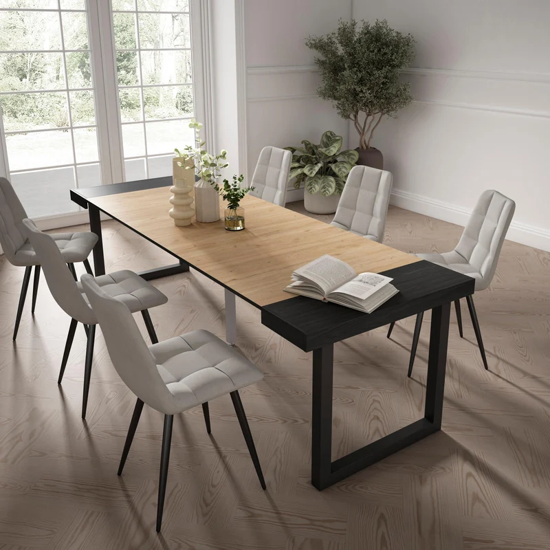 Table console extensible noire & chêne 260 cm – Jusqu’à 12 personnes – Pieds en bois massif noirs en U