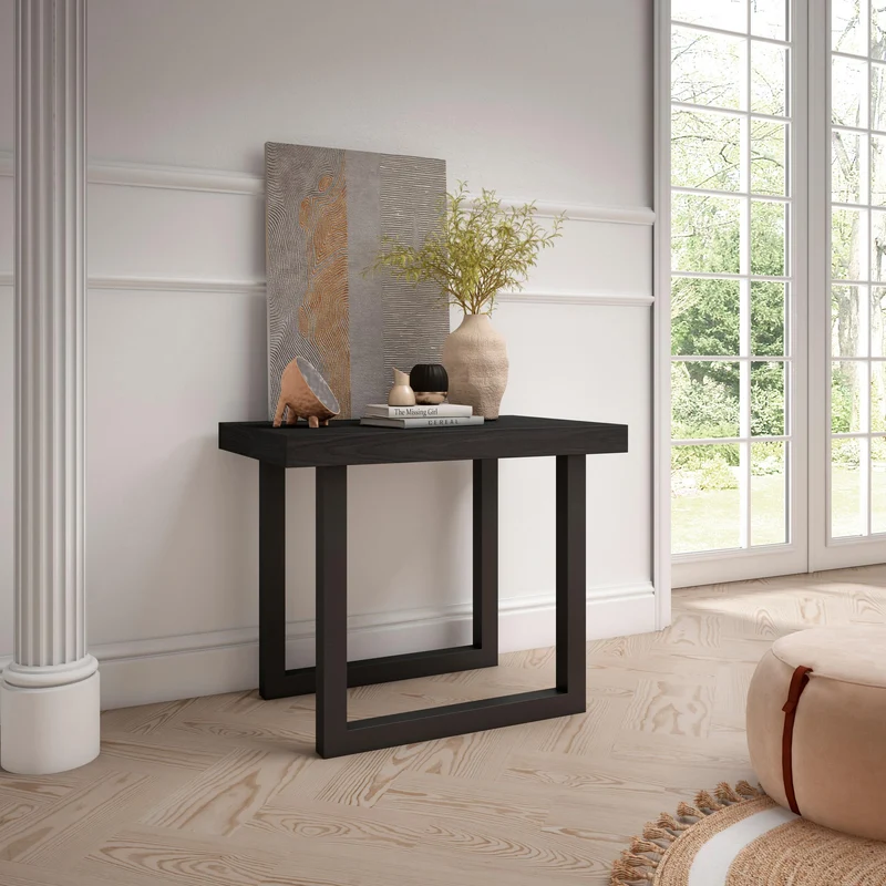 Table console extensible noire & chêne 260 cm – Jusqu’à 12 personnes – Pieds en bois massif noirs en U