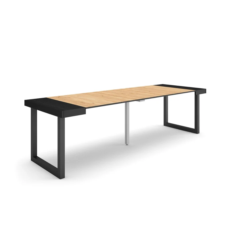 Table console extensible noire & chêne 260 cm – Jusqu’à 12 personnes – Pieds en bois massif noirs en U