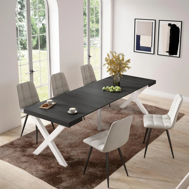 Table console extensible noire 260 cm – Jusqu’à 12 personnes – Pieds en bois massif blancs en croix