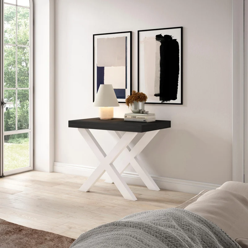 Table console extensible noire 260 cm – Jusqu’à 12 personnes – Pieds en bois massif blancs en croix