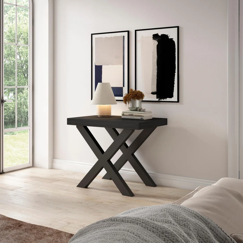 Table console extensible noire 260 cm – Jusqu’à 12 personnes – Pieds en bois massif noirs en croix