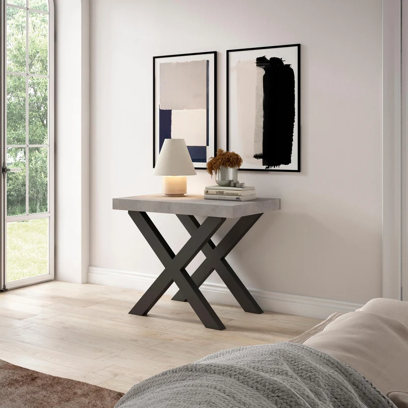 Table console extensible ciment 260 cm – Jusqu’à 12 personnes – Pieds en bois massif noirs en croix