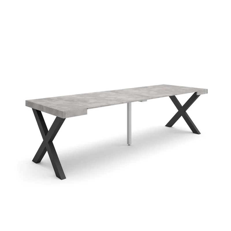 Table console extensible ciment 260 cm – Jusqu’à 12 personnes – Pieds en bois massif noirs en croix
