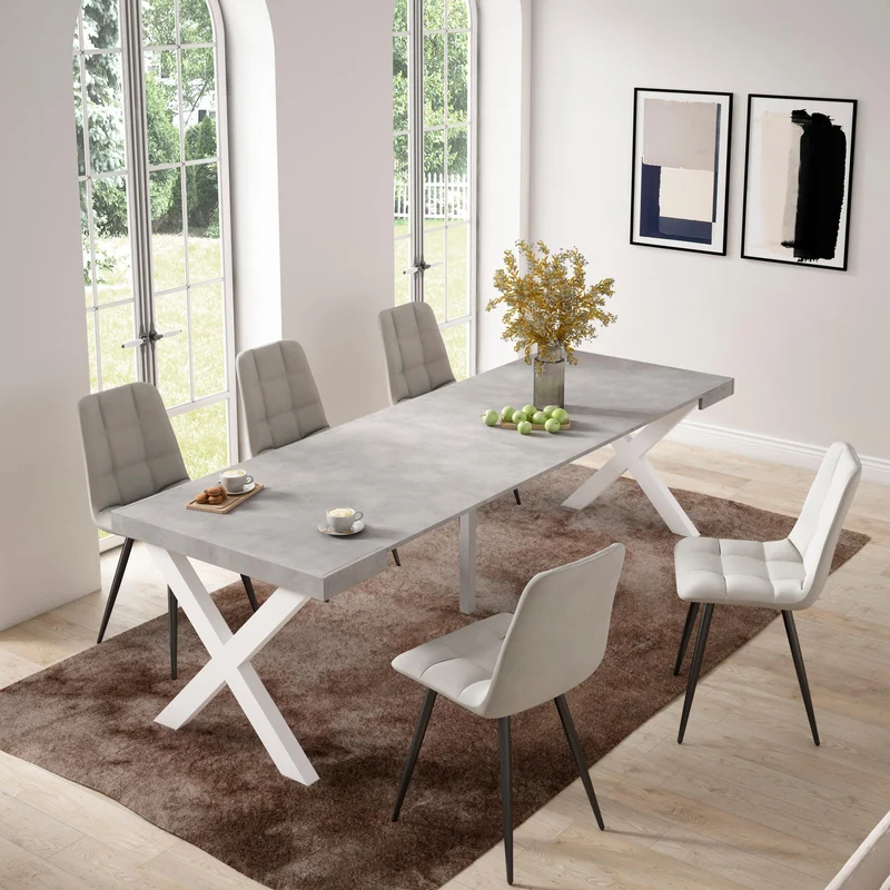 Table console extensible ciment 260 cm – Jusqu’à 12 personnes – Pieds en bois massif blancs en croix