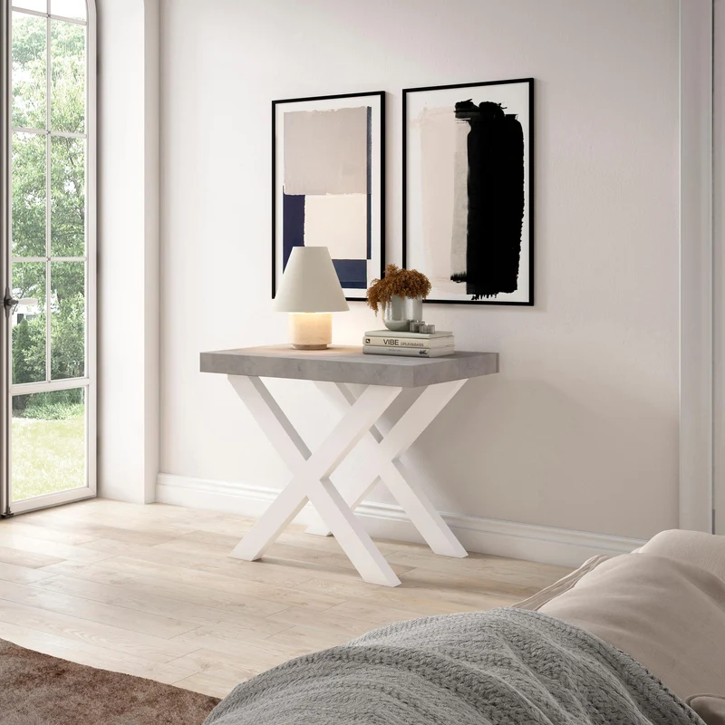 Table console extensible ciment 260 cm – Jusqu’à 12 personnes – Pieds en bois massif blancs en croix