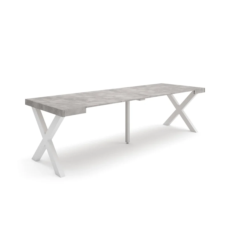 Table console extensible ciment 260 cm – Jusqu’à 12 personnes – Pieds en bois massif blancs en croix