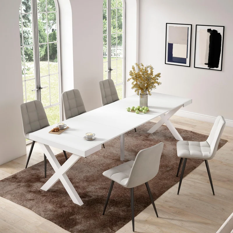 Table console extensible blanche 260 cm – Jusqu’à 12 personnes – Pieds en bois massif blancs en croix