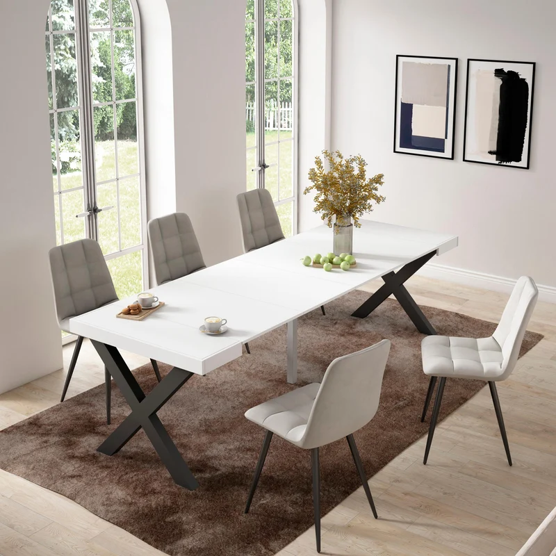 Table console extensible blanche 260 cm – Jusqu’à 12 personnes – Pieds en bois massif noirs en croix