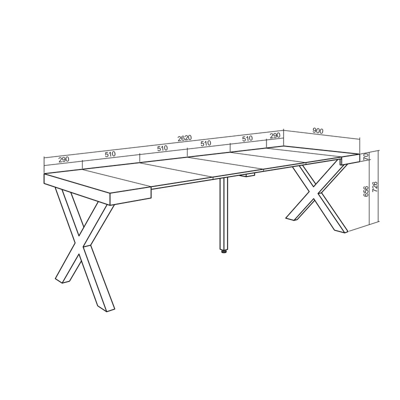 Table console extensible blanche 260 cm – Jusqu’à 12 personnes – Pieds en bois massif noirs en croix