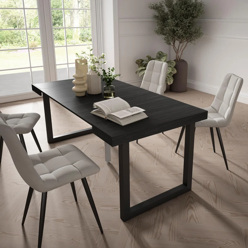 Table console extensible noire 180 cm – Jusqu’à 8 personnes – Pieds en bois massif noirs en U