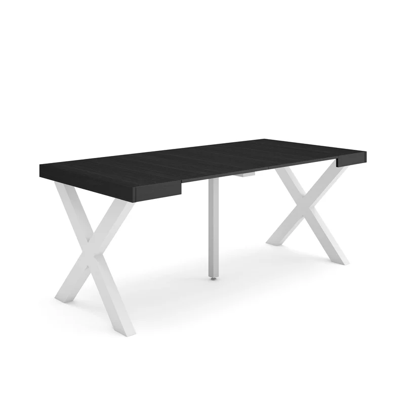 Table console extensible noire 180 cm – Jusqu’à 8 personnes – Pieds en bois massif blancs en croix