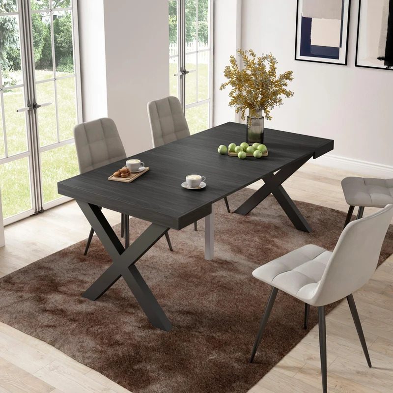 Table console extensible noire 180 cm – Jusqu’à 8 personnes – Pieds en bois massif noirs en croix