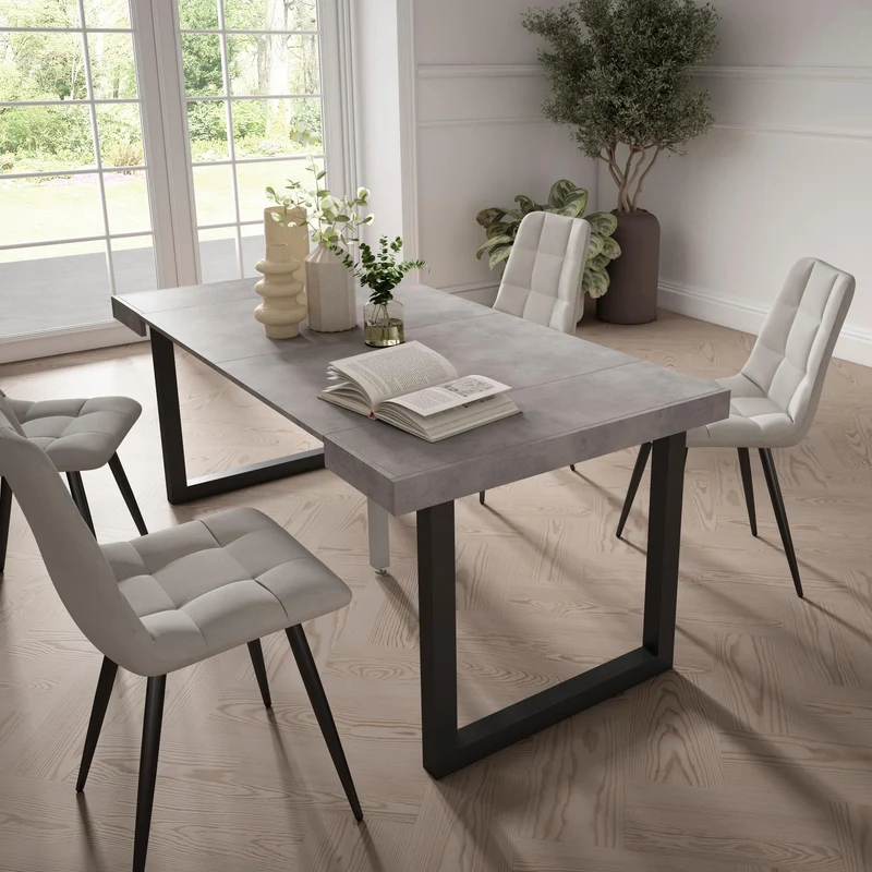Table console extensible blanche & ciment 180 cm – Jusqu’à 8 personnes – Pieds en bois massif noirs en U