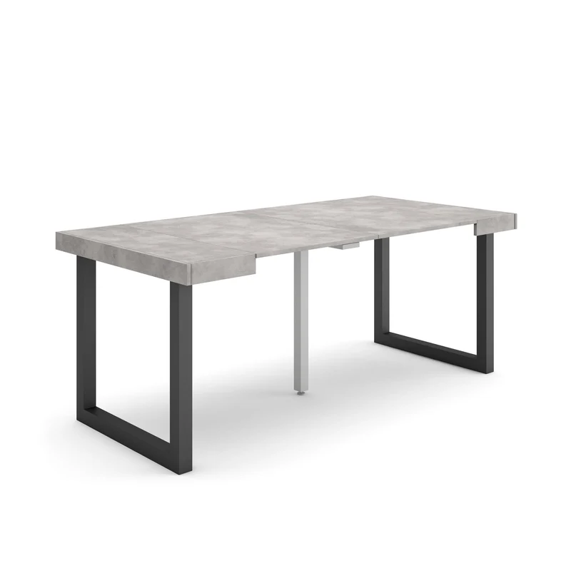 Table console extensible blanche & ciment 180 cm – Jusqu’à 8 personnes – Pieds en bois massif noirs en U