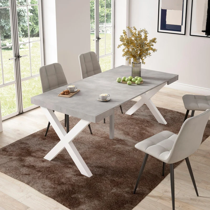 Table console extensible blanche & ciment 180 cm – Jusqu’à 8 personnes – Pieds en bois massif blancs en croix