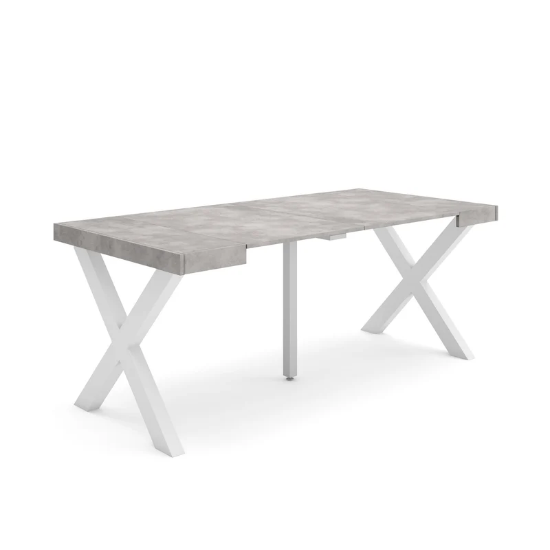 Table console extensible blanche & ciment 180 cm – Jusqu’à 8 personnes – Pieds en bois massif blancs en croix