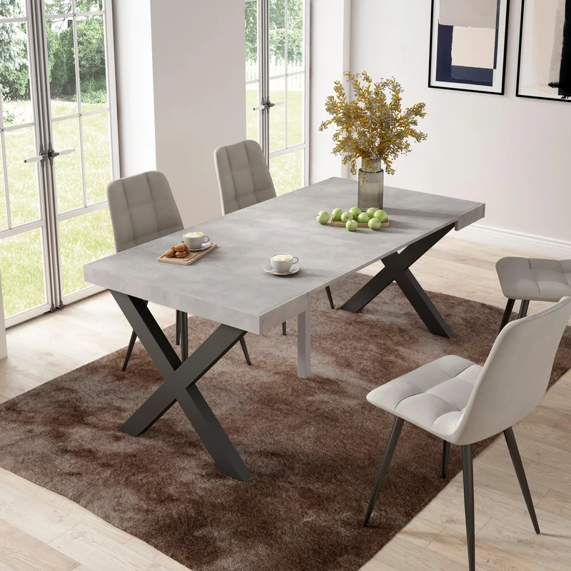 Table console extensible blanche & ciment 180 cm – Jusqu’à 8 personnes – Pieds en bois massif noirs en croix