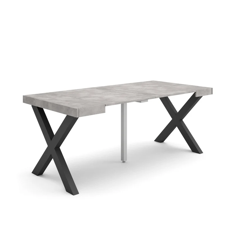 Table console extensible blanche & ciment 180 cm – Jusqu’à 8 personnes – Pieds en bois massif noirs en croix