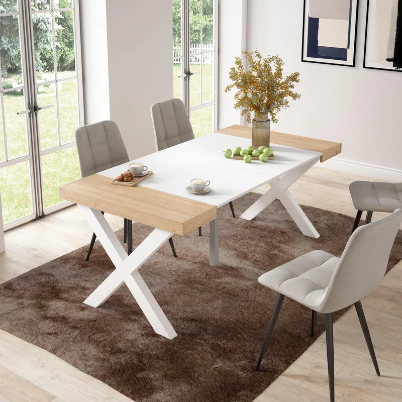 Table console extensible blanche & chêne 180 cm – Jusqu’à 8 personnes – Pieds en bois massif blancs en croix