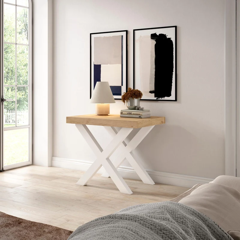 Table console extensible blanche & chêne 180 cm – Jusqu’à 8 personnes – Pieds en bois massif blancs en croix