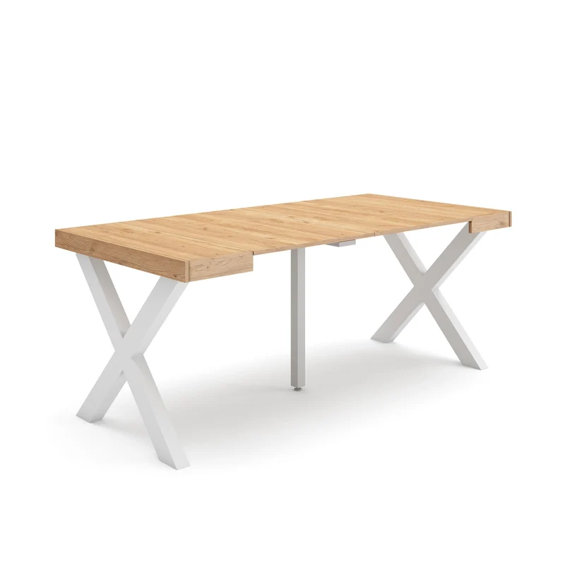 Table console extensible chêne 180 cm – Jusqu’à 8 personnes – Pieds en bois massif blancs en croix