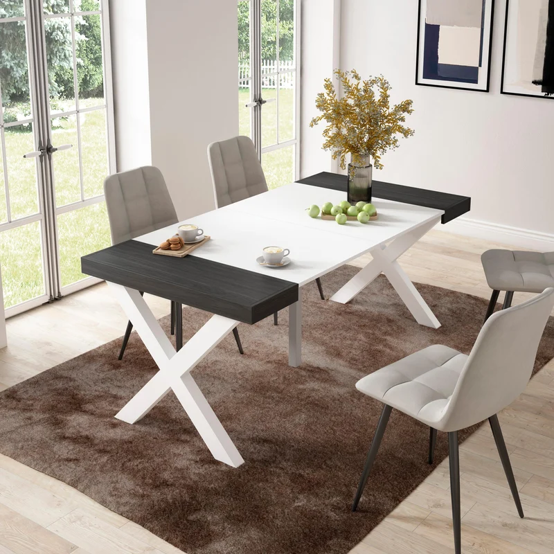 Table console extensible noire & blanche 180 cm – Jusqu’à 8 personnes – Pieds en bois massif blancs en X