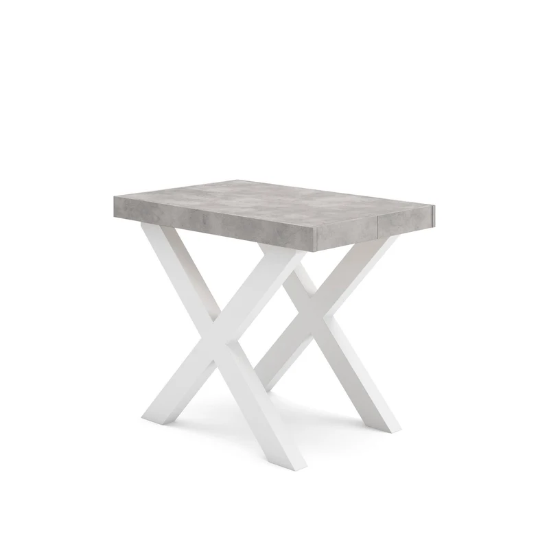 Table console extensible blanche & ciment 180 cm – Jusqu’à 8 personnes – Pieds en bois massif blancs en croix