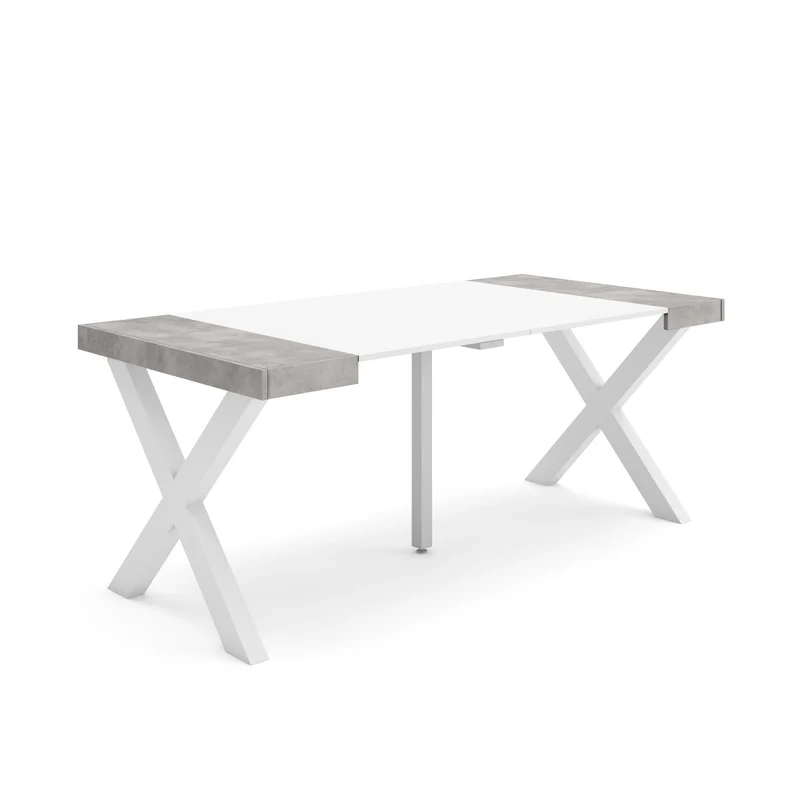 Table console extensible blanche & ciment 180 cm – Jusqu’à 8 personnes – Pieds en bois massif blancs en croix