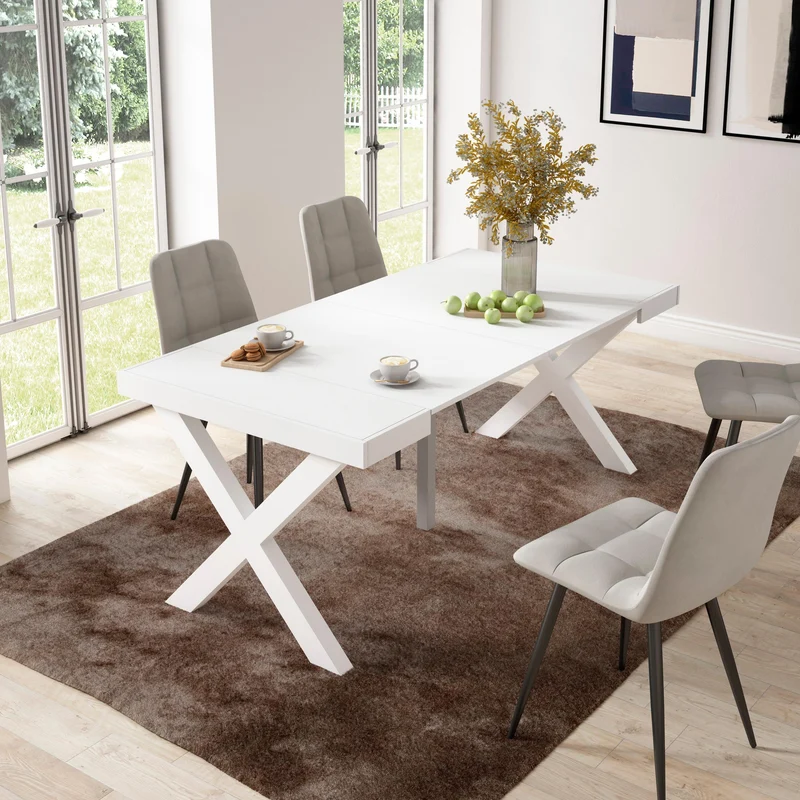 Table console extensible blanche 180 cm – Jusqu’à 8 personnes – Pieds en bois massif blancs en croix