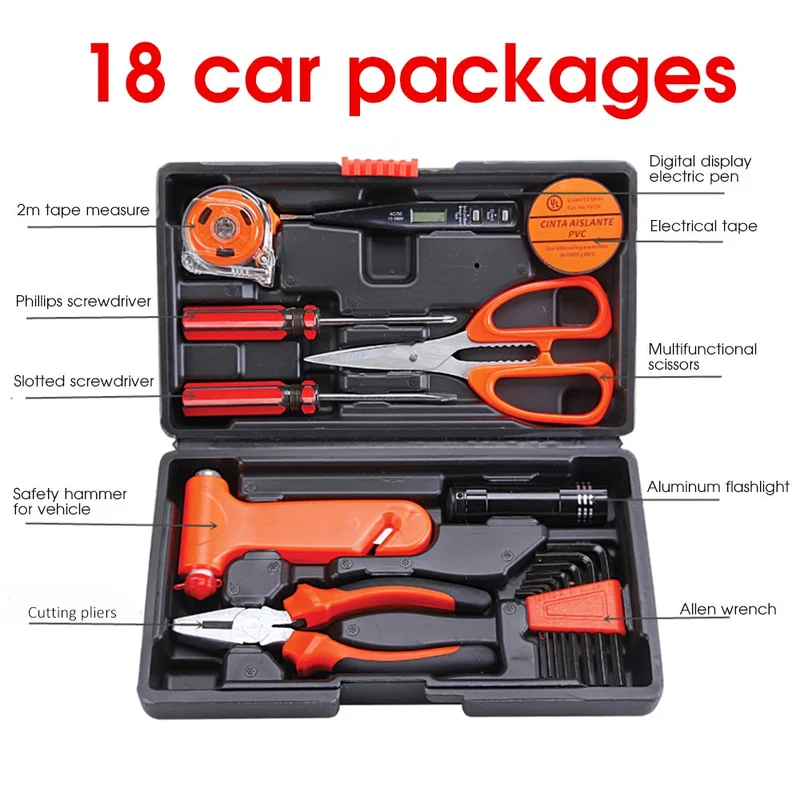 18 pièces outils à main Kit multi-outils ensemble d'outils de réparation domestique tournevis clé pince coupante marteau de sécurité ciseaux lampe de poche