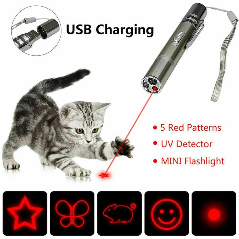 Pointeur Laser pour animaux de compagnie USB Rechargeable rouge Laser lumière UV lampe de poche drôle chat chasseur bâton interactif Laser stylo pointeur chat jouets
