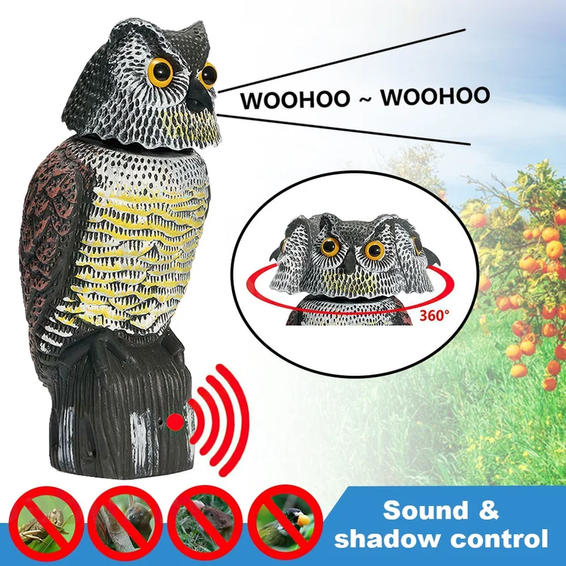 Réaliste hibou leurre oiseau effaroucheur avec tête rotative sonore hibou rôdeur oiseau répulsif antiparasitaire épouvantail jardin cour