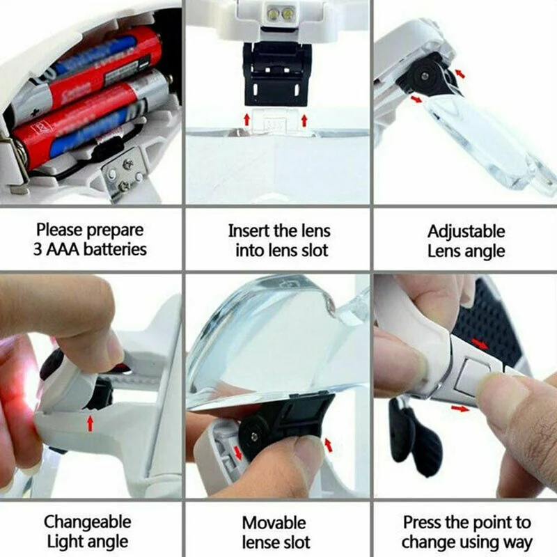 Loupe lumière LED bandeau loupe éclairée tête monture Loupe loupe outil en verre optique pour la lecture de réparation