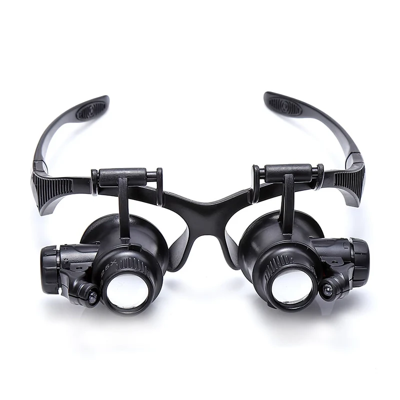 Loupe 2LEDs Lunettes Loupe éclairante montée sur la tête 10X 15X 20X 25X 8pcs Lentille pour bijoutiers Réparation d'horloger