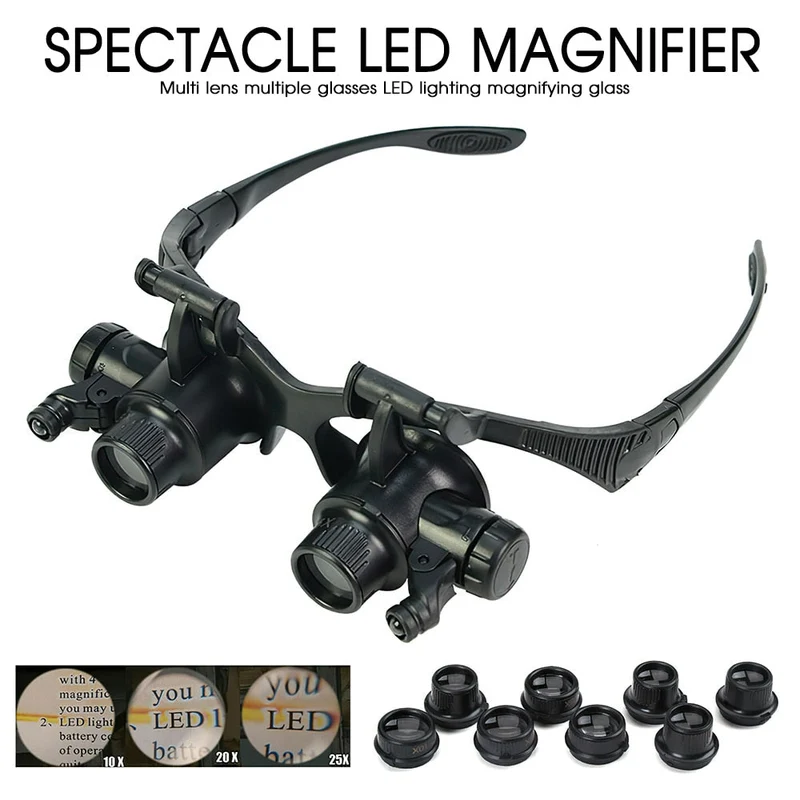 Loupe 2LEDs Lunettes Loupe éclairante montée sur la tête 10X 15X 20X 25X 8pcs Lentille pour bijoutiers Réparation d'horloger