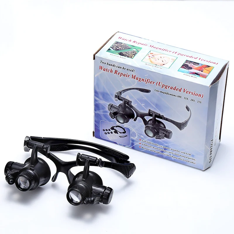 Loupe 2LEDs Lunettes Loupe éclairante montée sur la tête 10X 15X 20X 25X 8pcs Lentille pour bijoutiers Réparation d'horloger